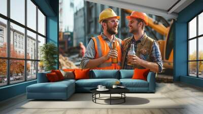 Two Smiling Construction Workers Enjoying a Cold Beer Break on Sunny Construction Site Wall mural