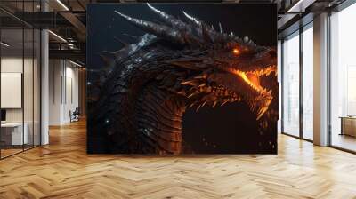 Warrior of Mythology: An Ancient Dragon with Burning Eyes Depicted in a Dark Background Silhouette, Generative AI Wall mural