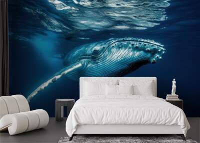 Whale Underwater. Majestic Humpback Whale Swimming in Deep Blue Caribbean Sea Wall mural