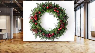 Winter Wreath Green. Christmas Chaplet with Red and Green Colours Isolated on White Background Wall mural