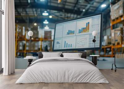 A computer monitor displaying data analytics dashboards in a warehouse setting, Wall mural