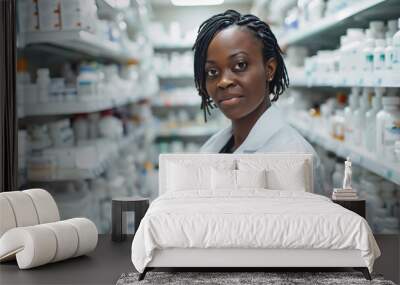 A female pharmacist stands in a pharmacy aisle, looking at the camera with a serious expression.. african woman Wall mural