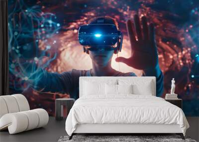 A young person immersed in virtual reality, surrounded by holographic effects, exploring a futuristic digital landscape. Wall mural