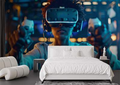 A young woman wearing a VR headset plays a video game with a controller in her hands, showcasing the immersive experience of virtual reality. Wall mural