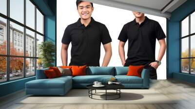 asian man wearing black polo shirt. blank polo shirt for design mock up isolated on transparent background. Wall mural