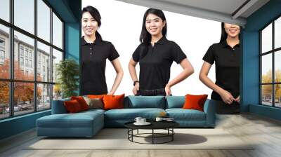 asian Woman wearing black polo shirt. blank polo shirt for design mock up isolated on transparent background. Wall mural