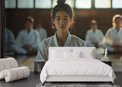 asian young woman in a white kimono sits in a meditative pose surrounded by others in a karate dojo. Wall mural