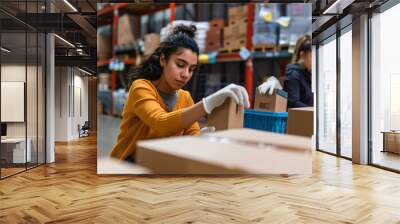 hispanic young woman working in a warehouse, packing boxes. online delivery concept online delivery concept Wall mural