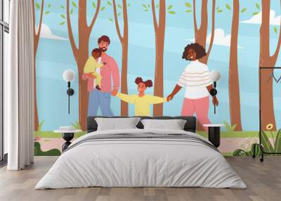 Happy family walks in the park. Parents and children spending time together. Flat vector illustration. Wall mural