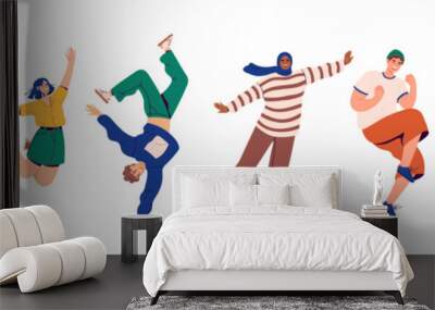 Happy people jumping from joy in modern clothes. Young people celebrate success, achievement. Flat vector illustration. Wall mural