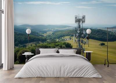 A cell tower rises above a rolling landscape, with lush green hills and a winding path leading to the base of the structure. Wall mural