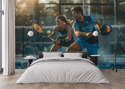 A dynamic duo, a male and female padel team, engage in a spirited game of tennis, showcasing agility, teamwork, and skill. Wall mural