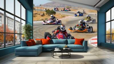 A group of go-karts race around a desert track, the leading kart in focus. Wall mural