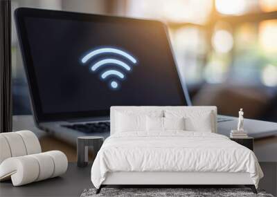 A laptop computer rests on a table, with a bright white WiFi symbol displayed on its screen. Wall mural