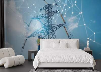 A maintenance engineer works on a high-voltage transmission tower, with a futuristic network overlay symbolizing the interconnectedness of power systems. Wall mural