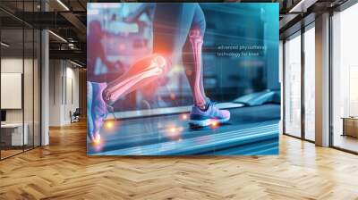 A person walking on a conveyor belt with the words advanced physical technology for knee displayed, showcasing innovative rehabilitation methods. Wall mural