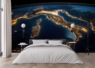 A stunning aerial view reveals Italy aglow at night, showcasing its vibrant cities and shimmering coastlines under a blanket of starry skies. Wall mural