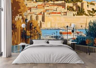 A stunning portrayal of Marseille captures the essence of this vibrant city, showcasing its historic architecture, bustling harbor, and picturesque landscape under a bright blue sky. Wall mural