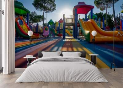 A vibrant playground filled with colorful slides and swings, inviting children to play and have fun in a cheerful and lively environment. Wall mural