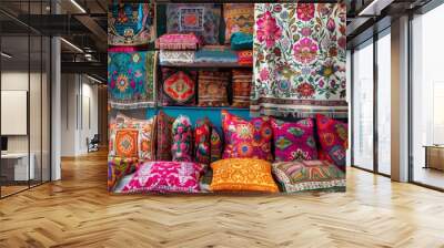 A vivid assortment of colorful pillows and rugs displayed in a store, showcasing the rich tapestry of global craftsmanship and artistic design. Wall mural