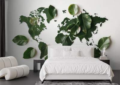 An artistic world map made entirely of leaves highlights the beauty of nature, inviting viewers to reflect on global ecology. Wall mural