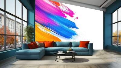 Bright splashes of paint in vivid colors create an energetic and artistic display against a pristine white background, illustrating creativity and dynamic movement in a playful way. Wall mural