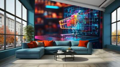 Holographic Shopping Cart Projection from Laptop Illustrating Online Shopping and Digital Commerce Wall mural