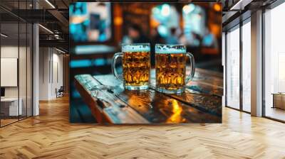 Two frosty mugs of beer rest on a wooden table as festival-goers enjoy the vibrant atmosphere of Munich. Wall mural