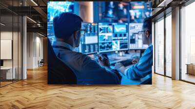 Two individuals work in a dimly lit control room, analyzing data on multiple monitors while surrounded by a wall of screens displaying complex patterns. Wall mural