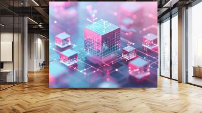 3D cubes featuring symbols of financial growth, property investment, and liquid assets, connected by glowing points, arranged on a pastel, minimalist surface  Wall mural