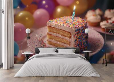 A close-up of a plate with a slice of birthday cake, adorned with sprinkles and a small candle, set on a table surrounded by other party treats and decorations for the birthday celebration  Wall mural