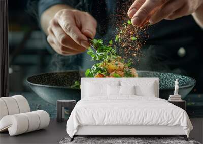 Photography of a chef garnishing a dish with fresh herbs and spices, with a UHD focus on the vibrant colors and textures of the ingredients  Wall mural