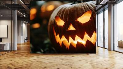 Photography of a close-up of a carved pumpkin with an eerie face, glowing with candlelight for Halloween Festival  Wall mural