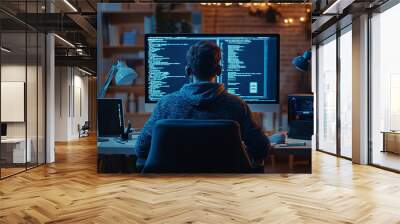 Photography of a programmer sitting at a desk with a high-definition screen displaying an intricate code base, surrounded by tech accessories and notes  Wall mural