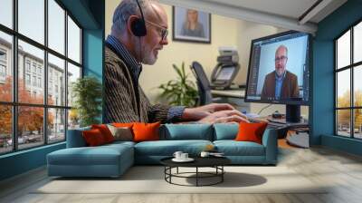 Photography of a psychologist conducting a virtual therapy session on a video call, with UHD detail showcasing the digital communication tools and the focused demeanor of the psychologist  Wall mural