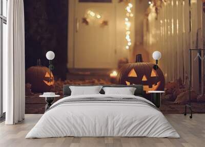 Vintage Halloween Atmosphere with Glowing Pumpkins Wall mural