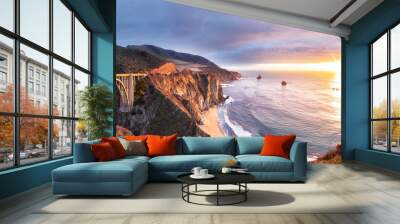 Bixby Creek Bridge on Highway 1 at the US West Coast traveling south to Los Angeles, Big Sur Area, California Wall mural