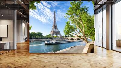 Seine in Paris with Eiffel Tower in sunrise time Wall mural