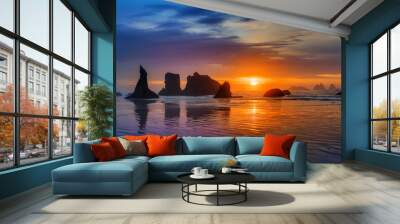 Sunset at Bandon Beach over the Pacific ocean with reflections on wet sand, Bandon, Oregon Wall mural