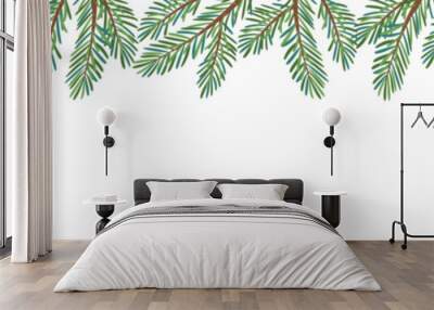 Christmas tree seamless border isolated on white. Hand drawn trendy flat style green spruce branches Christmas Larch, Pine, evergreen tree seamless banner for holiday decoration. Vector illustration Wall mural