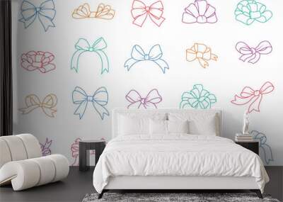 Colorful bows, gift bows. line art. Simple hand drawn ribbon bow collection. Bowknot for decoration, big set  Wall mural