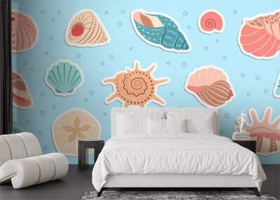 Cute sea shells sticker set. Trendy flat style seashell collection. Ocean underwater sink seashell conch aquatic mollusk. Hand drawn cartoon spiral snail, marine animals. Vector illustration Wall mural