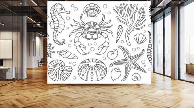 Hand drawn line art sea life elements set. Aquatic animals, anemones, crab, algae, seashells, starfish, sea horse. Trendy doodle style underwater ecosystem coloring book. Vector illustration Wall mural