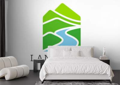 Green mountain and creek landscape logo design template Wall mural