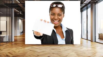 african american businesswoman holding white card isolated Wall mural