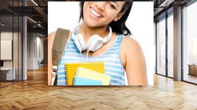 Happy mixed race student back to school isolated on white backgr Wall mural