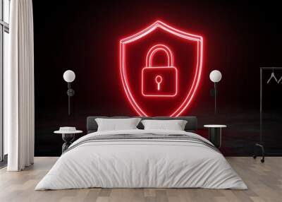 3D illustration of a neon shield icon with a padlock on a dark background. Wall mural