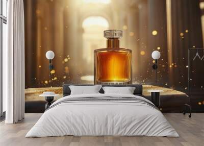 A bottle of perfume placed next to an ancient Greek column with golden light shining. Wall mural