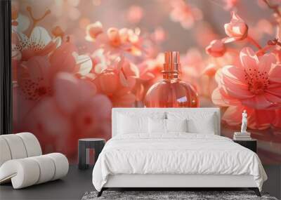 A bottle of perfume surrounded by blooming flowers. Wall mural