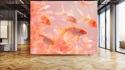 A cluster of goldfish is on a pink background. Generated by artificial intelligence. Wall mural